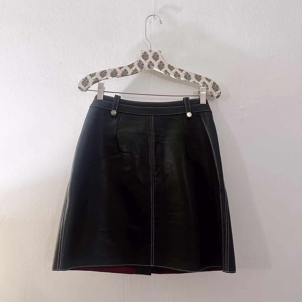 Maje Janaille Leather Belted Mini Skirt Black Silver Lambskin A-Line - Picture 6 of 8